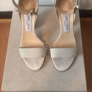 Jimmy choo open toe taupe heals engraved pattern